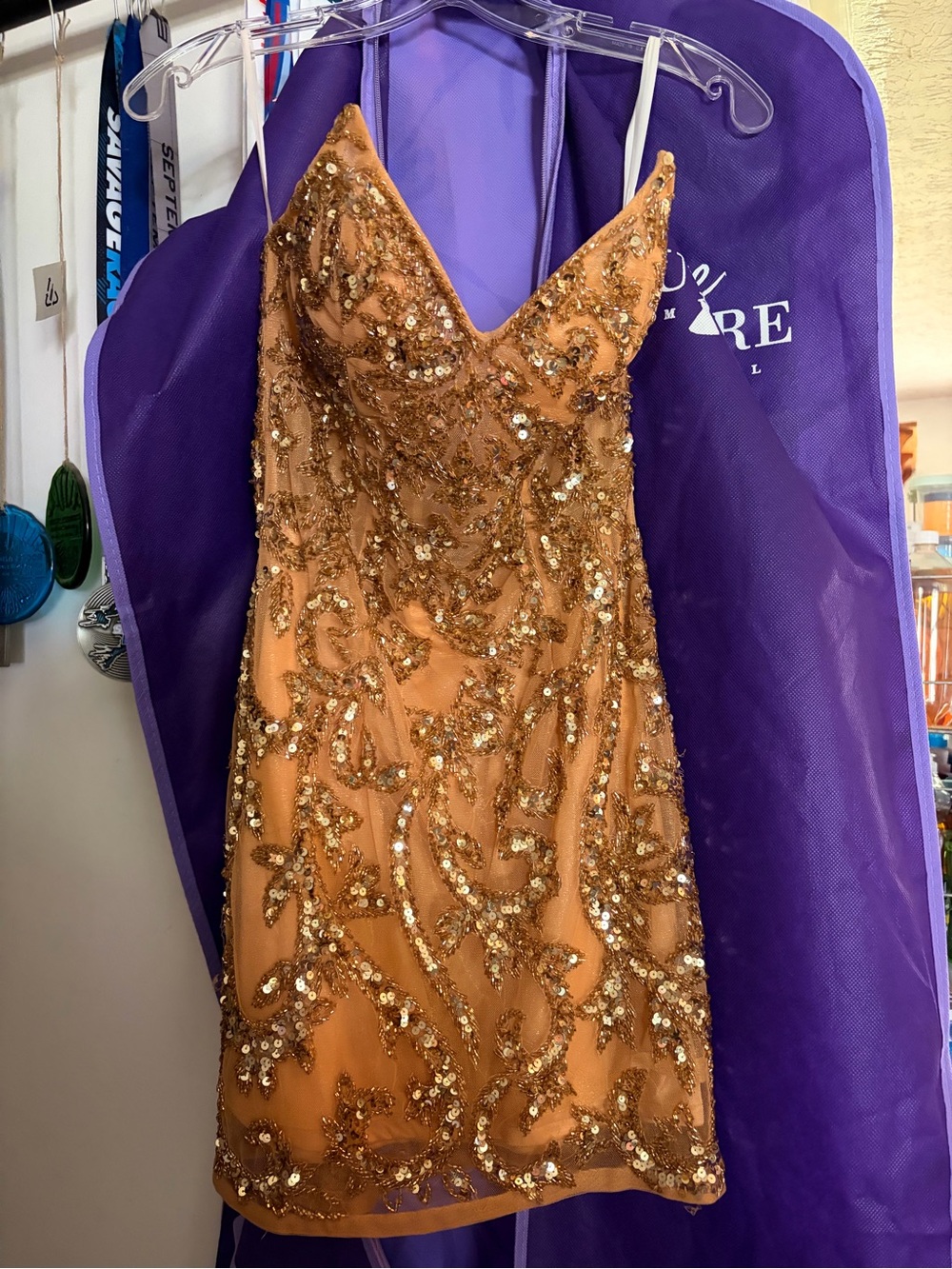 Gold Sequin Spaghetti Strap Cocktail Dress
